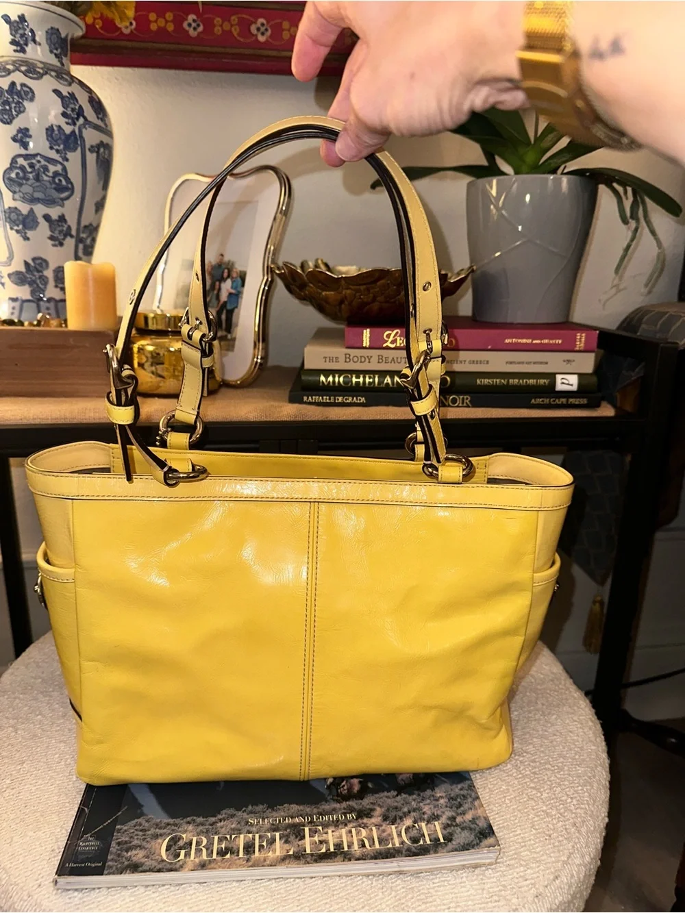 Coach Patent Leather Pleated Gallery Tote (Style F13761) Yellow NWOT